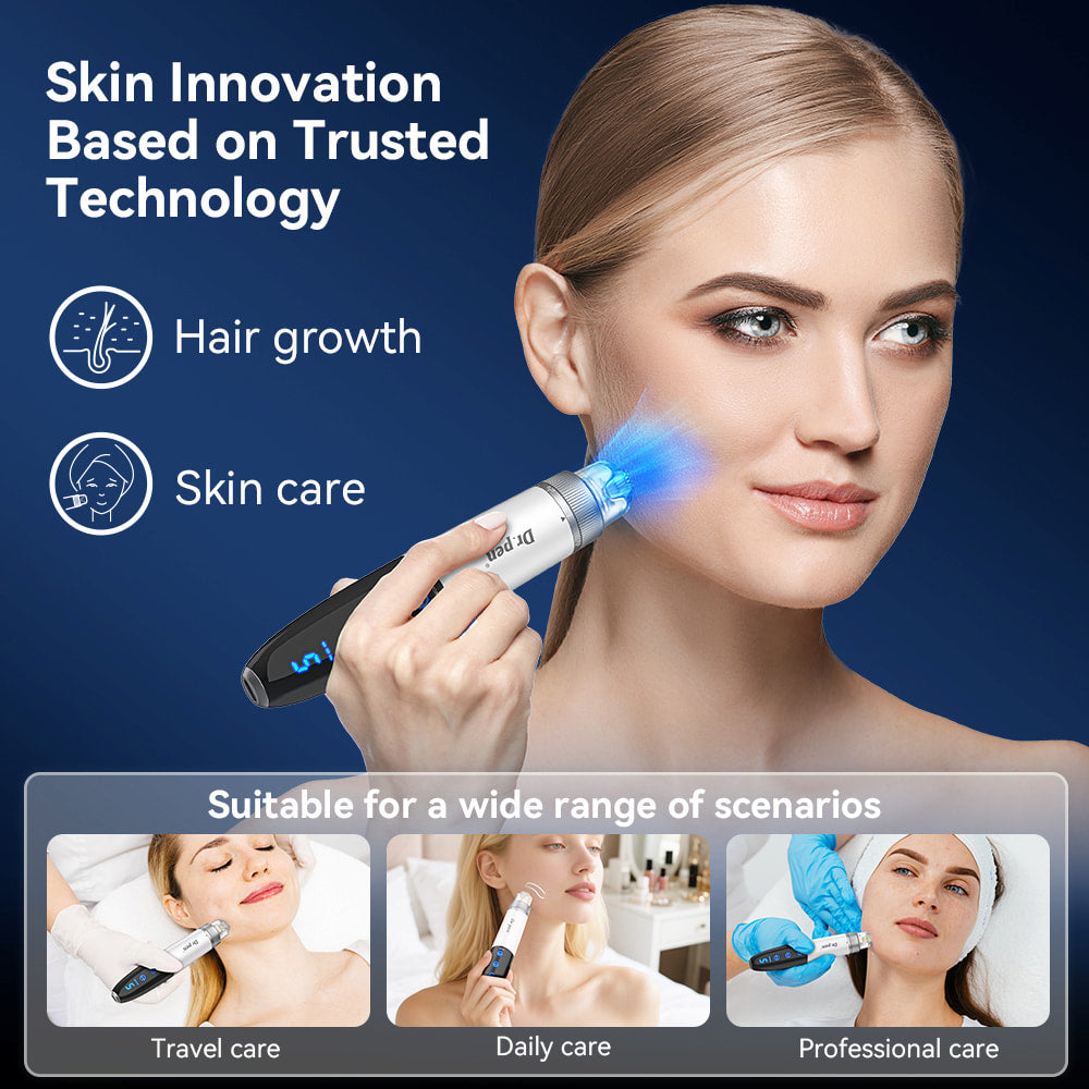 Frau verwendet Bio Pen Q1S microneedling mit blauem LED-Licht für Hautpflege und Haarstimulation, mit Beispielen für den Einsatz auf Reisen, in der täglichen Pflege und bei professioneller Behandlung.