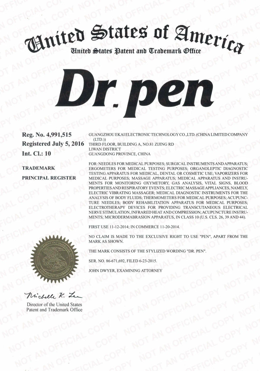 Offizielles Zertifikat vom United States Patent and Trademark Office, das die Registrierung der Marke Dr. Pen zeigt.