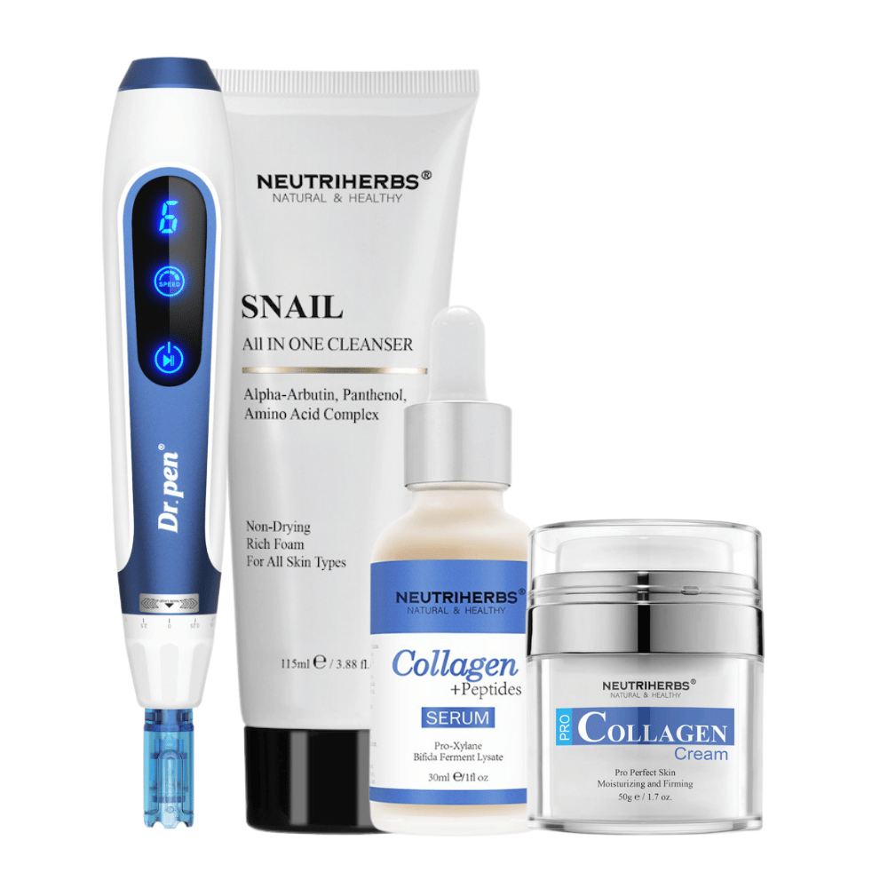 Anti-Age Kit mit Dr. Pen A11, Neutriherbs Snail Cleanser, Collagen + Peptides Serum und Pro Collagen Cream.