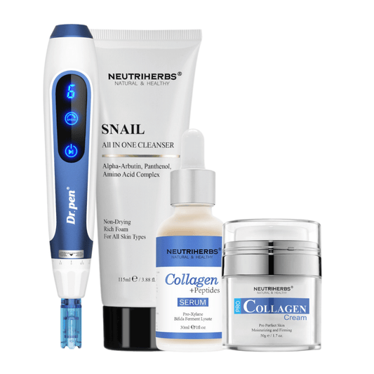 Anti-Age Kit mit Dr. Pen A11, Neutriherbs Snail Cleanser, Collagen + Peptides Serum und Pro Collagen Cream.