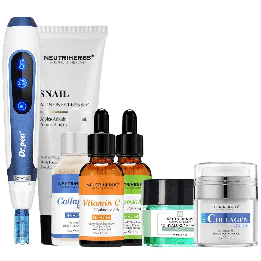 Complete Skin Renewal Kit mit Dr. Pen A11, Neutriherbs Snail Cleanser, drei Seren, 4D Hyaluronic Acid Gel Moisturizer und Pro Collagen Cream.