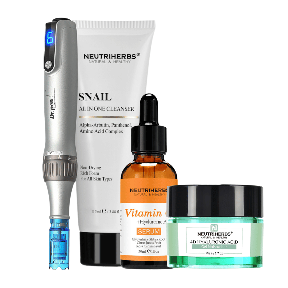 Glow & Brightening Kit mit Dr. Pen M8S, Neutriherbs Snail Cleanser, Vitamin C Serum und 4D Hyaluronic Acid Gel Moisturizer.