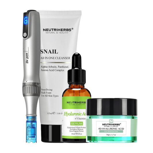 Microneedling Starter Kit mit Dr. Pen M8S, Neutriherbs Snail Cleanser, Hyaluronic Acid Serum und 4D Hyaluronic Acid Gel Moisturizer.