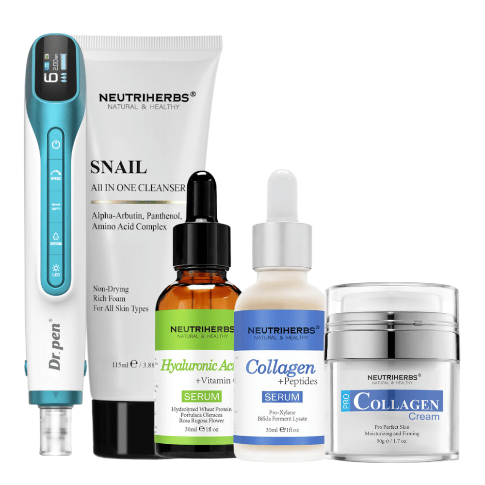 Premium Anti-Aging Kit mit Dr. Pen H6, Reinigung, Hyaluronsäure-Serum, Kollagenserum und Kollagencreme.