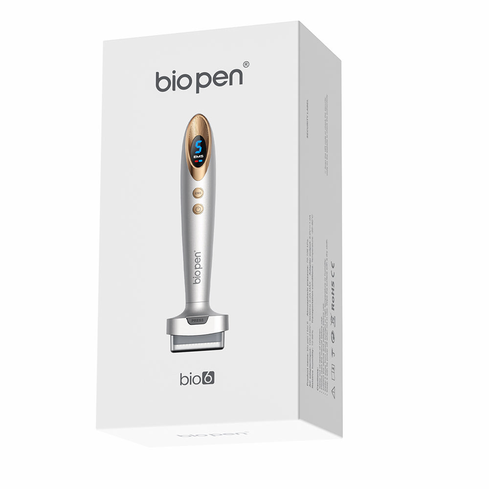 Bio Pen Bio 6 Produktverpackung zeigt das microneedling-Gerät mit EMS-Funktion, entwickelt für fortschrittliche Haut- und Haarpflegebehandlung.