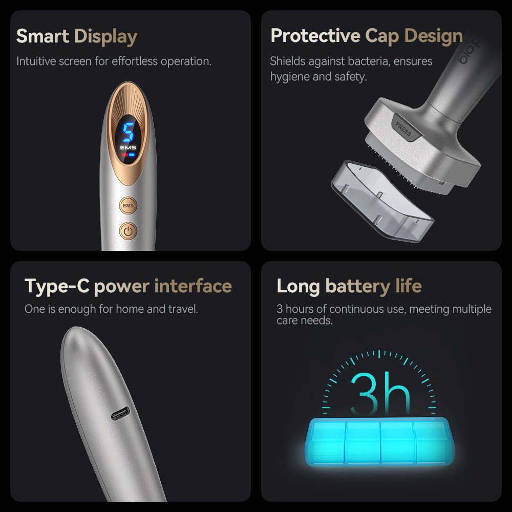 Bio Pen Bio 6 Funktionsübersicht mit Smart-Display, Schutzkappe für Hygiene, Type-C-Ladung und langer Akkulaufzeit von bis zu 3 Stunden, entwickelt für effektive Haut- und Haarpflegebehandlung.