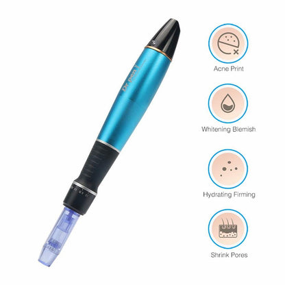 Dr. Pen A1 blauer microneedling-Stift, der Behandlungseffekte wie reduzierte Aknenarben, hellere Hauttöne, erhöhte Feuchtigkeit und verringerte Poren zeigt.