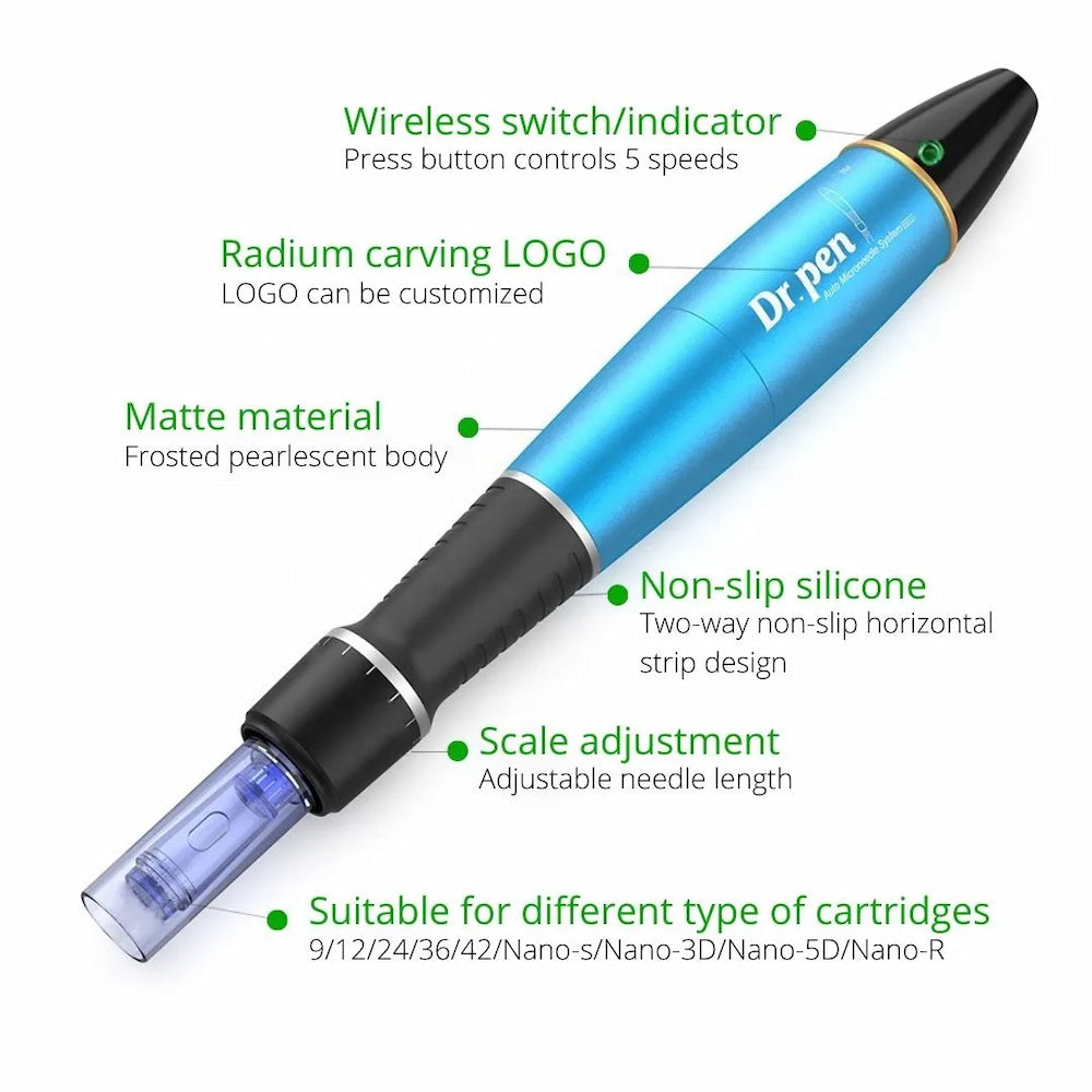 Dr. Pen A1 blauer microneedling-Stift mit fünf Geschwindigkeiten, rutschfestem Silikongriff, einstellbarer Nadellänge und Kompatibilität mit mehreren Nadelpatronen.