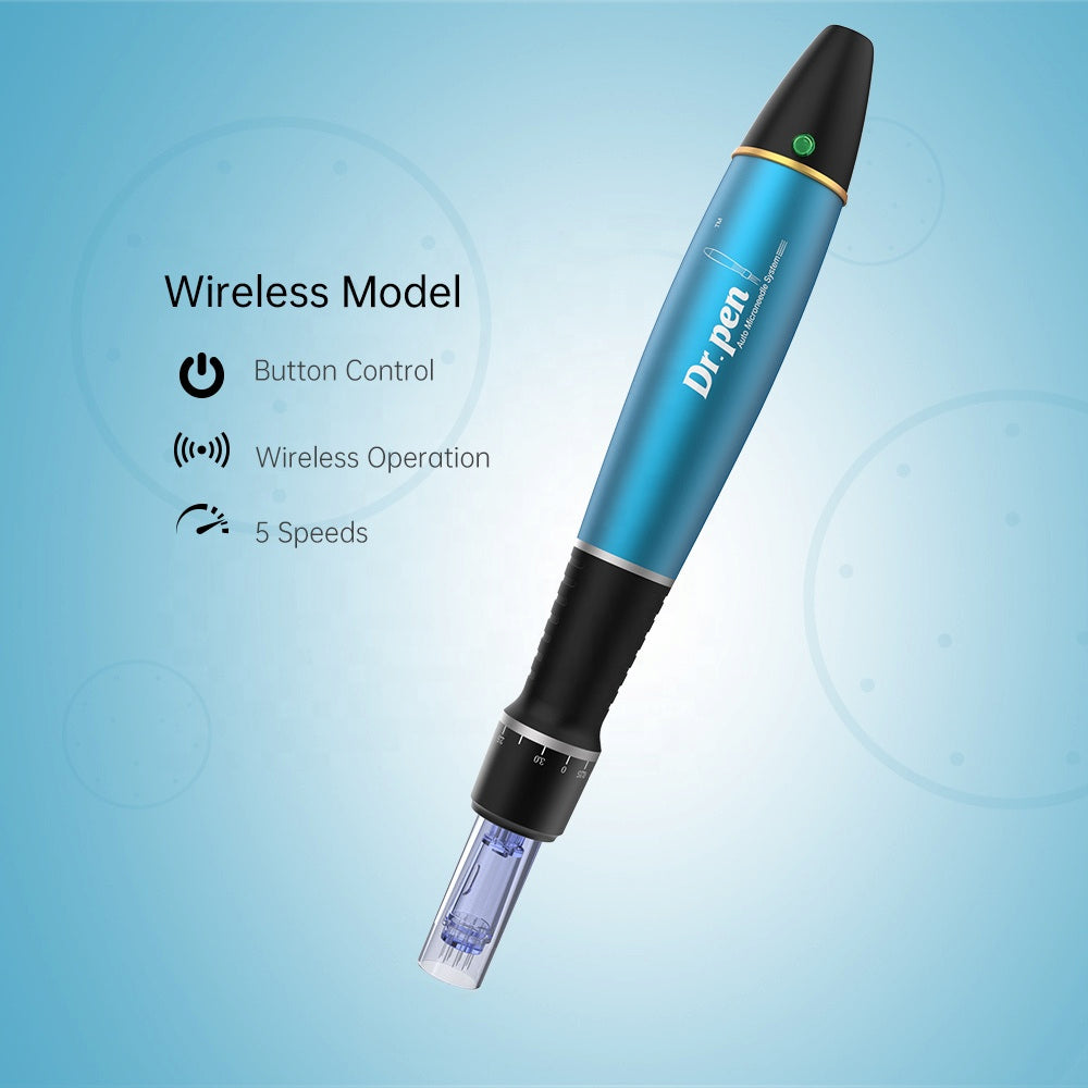 Dr. Pen A1 kabelloser microneedling-Stift mit Knopfsteuerung, kabelloser Betrieb und fünf einstellbare Geschwindigkeiten für professionelle Hautbehandlung.