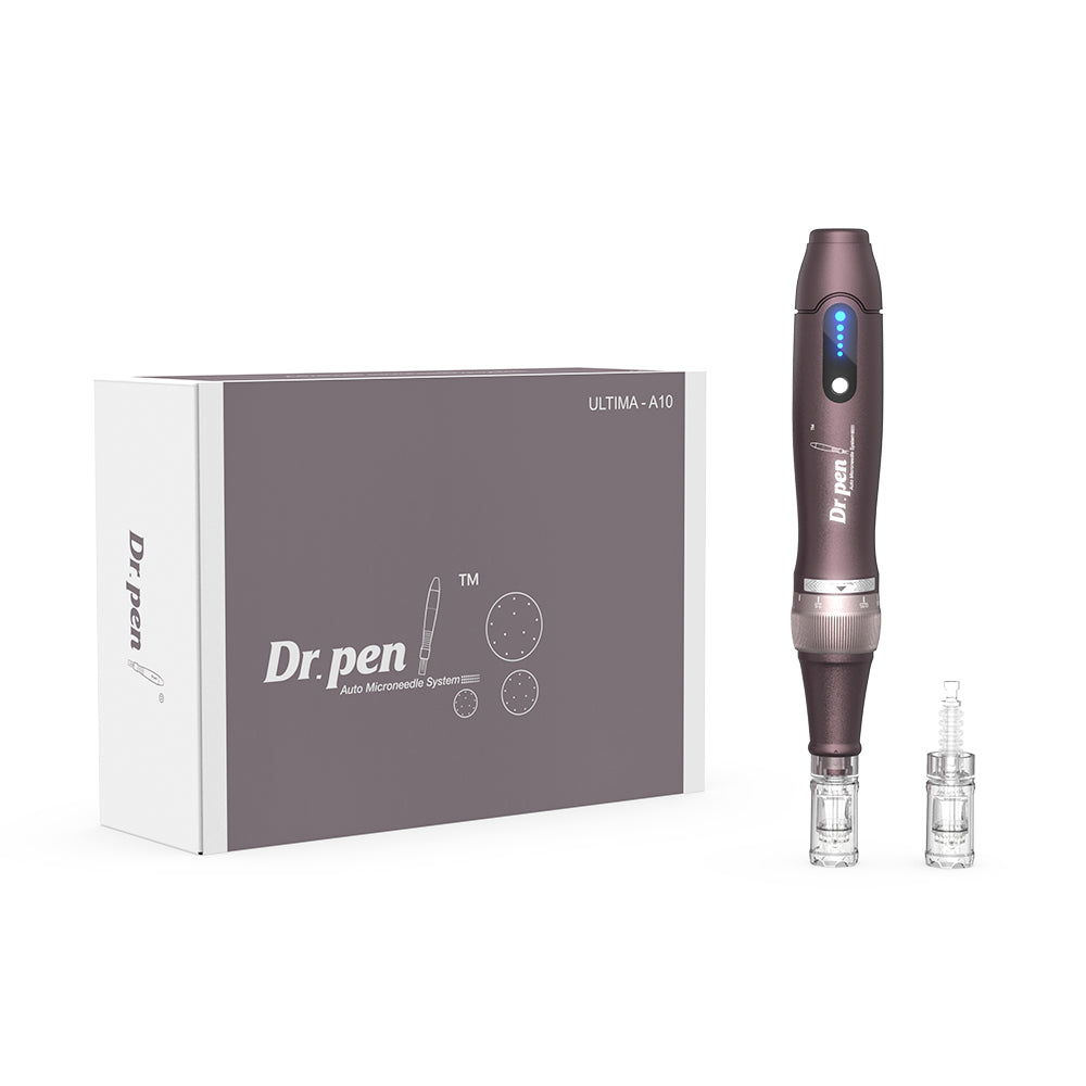 Dr. Pen A10 microneedling Stift in Lila mit Nadelköpfen und Originalverpackung, komplettes Kit für professionelle Hautbehandlung.