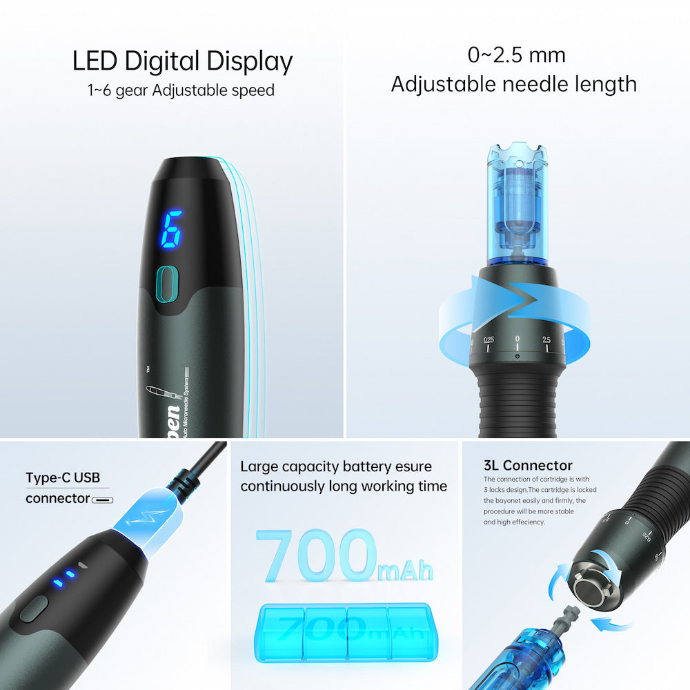 Dr. Pen A20 microneedling-Stift mit LED-Display, einstellbarer Nadeltiefe 0–2,5 mm, Type-C-Ladung, 700 mAh Akku und stabilem 3L-Connector für sicherere Behandlung.