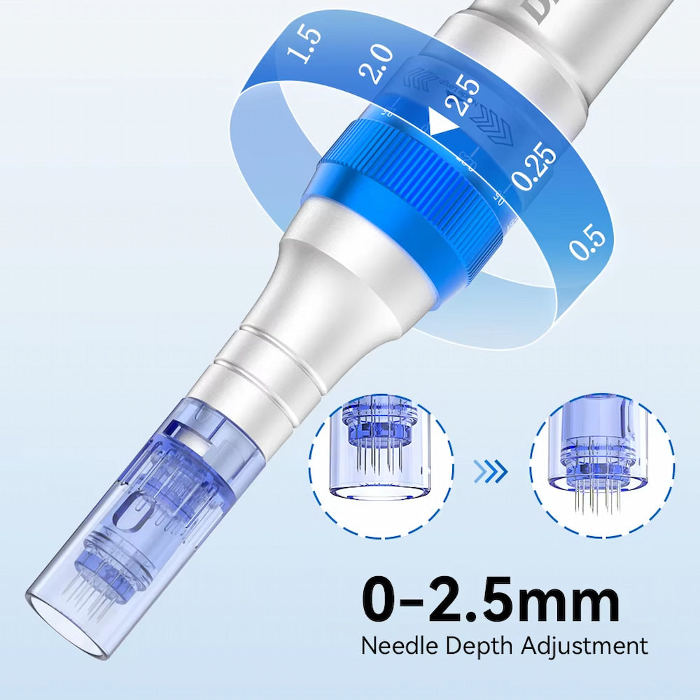 Dr. Pen A6 med blå nålpatron som visar justerbart nåldjup från 0 till 2,5 mm för anpassad mikronålning.