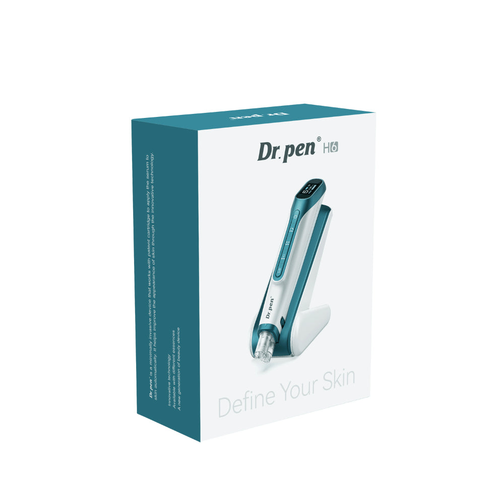 Dr. Pen H6 Hydra Pen in Originalverpackung mit Bild des Microneedling-Stifts und zugehörigem Ständer.
