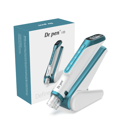Dr. Pen H6 Microneedling-Stift mit digitalem Display, zugehörigem Ständer und Originalverpackung.