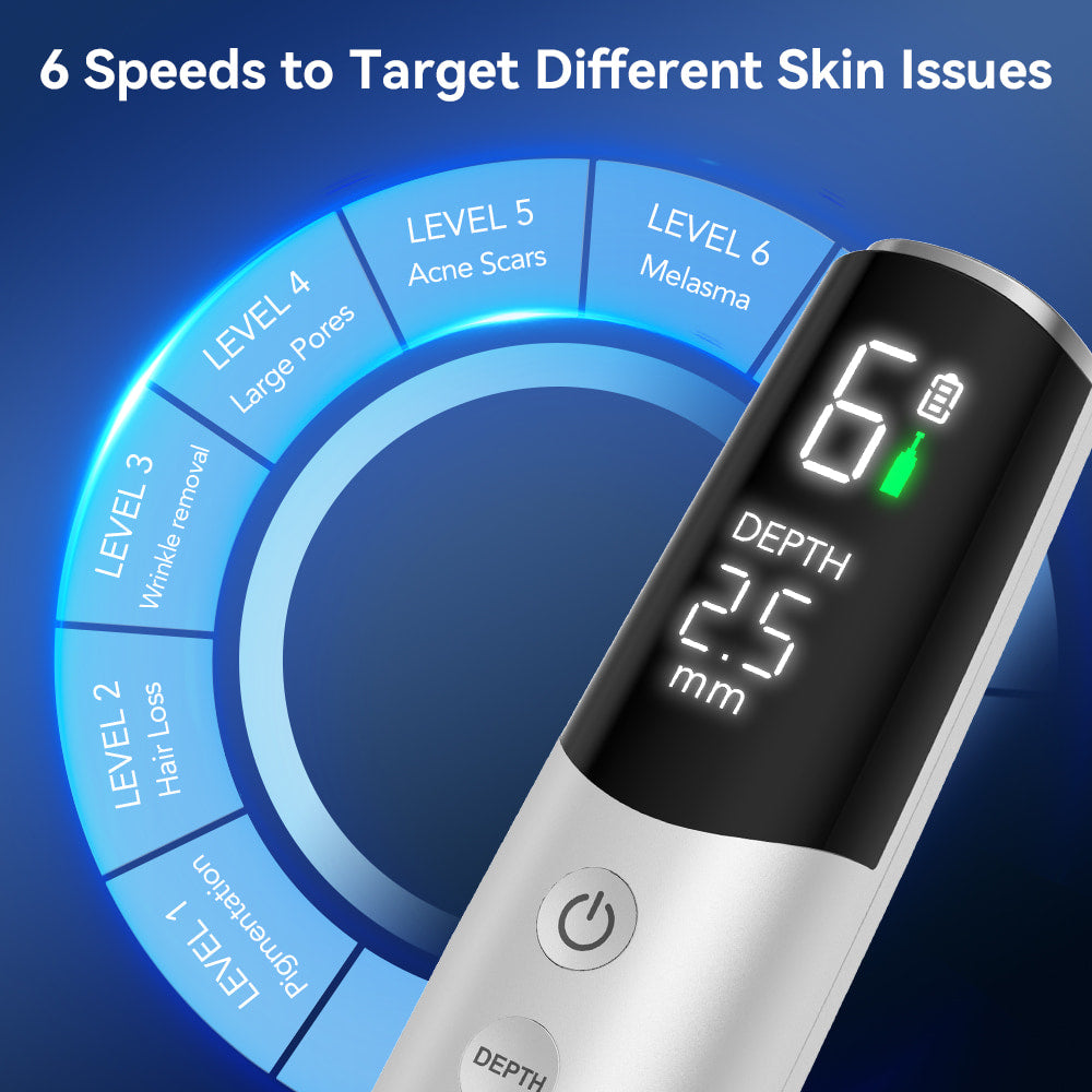 Dr. Pen M9 mit 6 Geschwindigkeitsstufen und einstellbarer Nadeltiefe für microneedling bei verschiedenen Hautproblemen und Hauttypen.