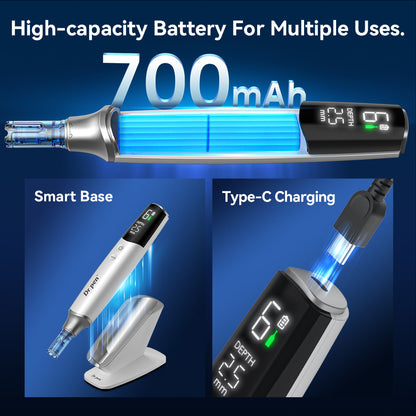 Dr. Pen M9 mit leistungsstarkem 700mAh-Akku, USB-C-Ladung und smarter Ladestation für kabellose microneedling und lange Nutzungsdauer.