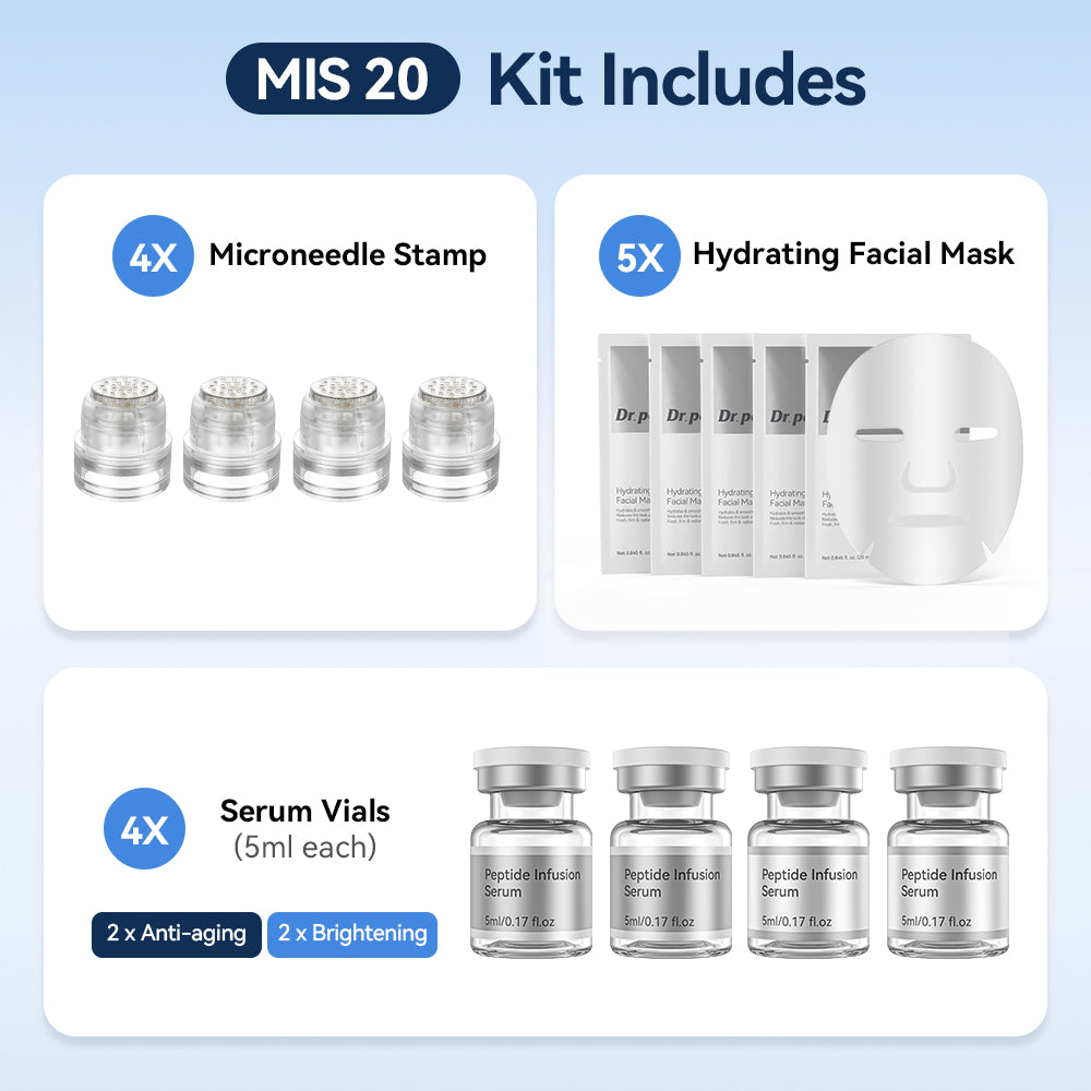 Dr. Pen MIS20 Micro-Infusion Kit mit vier Microneedle-Stamps, fünf feuchtigkeitsspendenden Gesichtsmasken und vier Serumflaschen à 5 ml – zwei Anti-Aging-Seren und zwei Seren für ein ebenmäßigeres und strahlenderes Hautbild.
