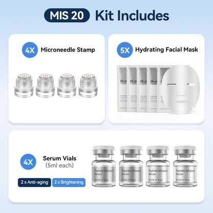 Dr. Pen MIS20 Micro-Infusion Kit mit vier Microneedle-Stamps, fünf feuchtigkeitsspendenden Gesichtsmasken und vier Serumflaschen à 5 ml – zwei Anti-Aging-Seren und zwei Seren für ein ebenmäßigeres und strahlenderes Hautbild.