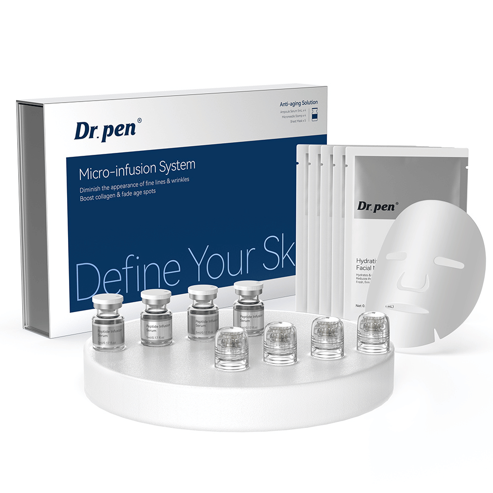 Dr. Pen MIS20 Micro-Infusion System komplettes Hautpflegeset mit Peptide Infusion Serum, Micro-Infusion-Applikatoren und feuchtigkeitsspendenden Gesichtsmasken zur Behandlung von feinen Linien, ungleichmäßigem Hautton und fahler Haut.