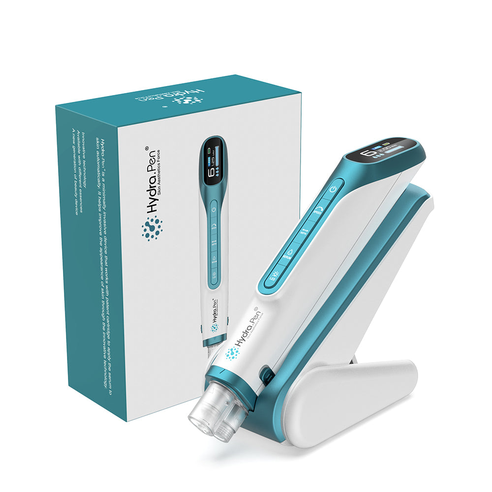 Hydra Pen H6 Mikroneedling- und Hydra-Infusion-Gerät zusammen mit Verpackung, entwickelt für fortgeschrittene Serumabgabe, Hautverjüngung und professionelle Hautpflegebehandlung.