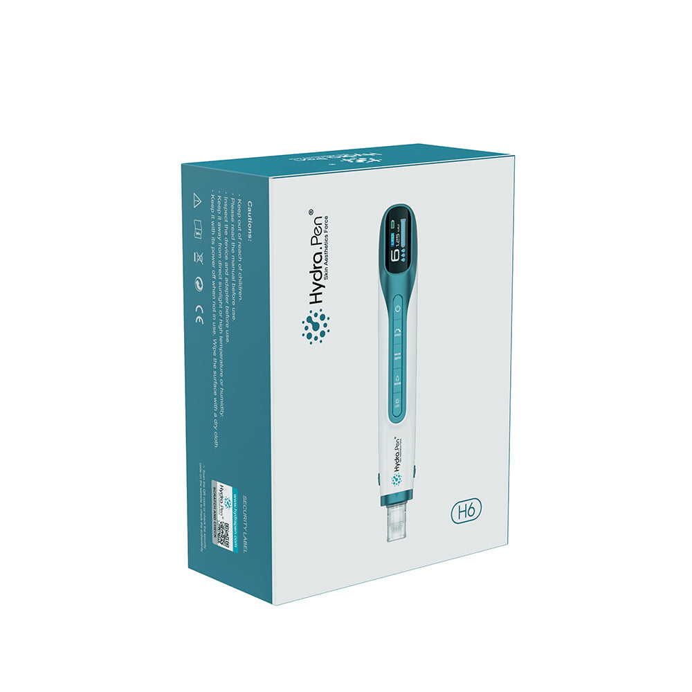 Verpackung von Hydra Pen H6 Mikroneedling- und Hydra-Infusion-Gerät, fortschrittliche Hautpflegetechnologie für Serumabgabe und Hautverjüngung.