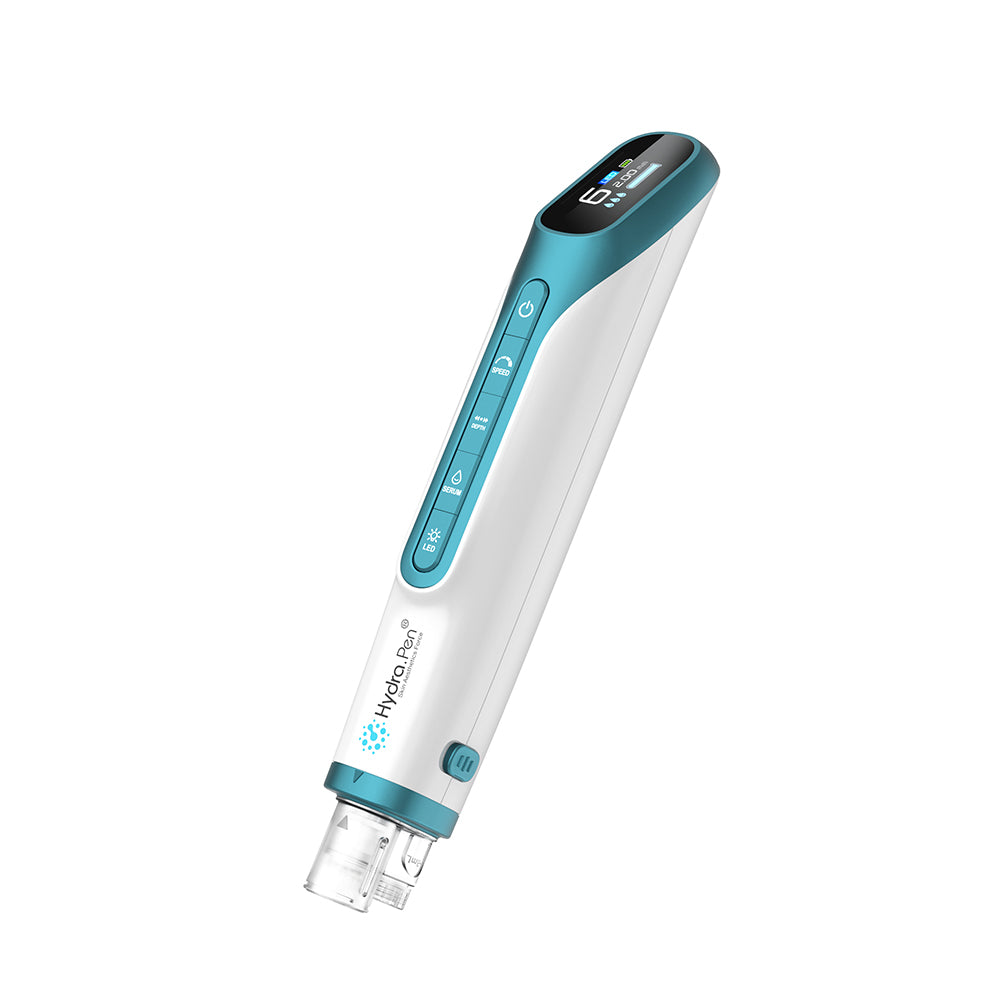 Hydra Pen H6 Mikroneedling-Stift in Seitenansicht mit digitalem Display und integrierter Seruminfusionsfunktion für professionelle Hautpflege.
