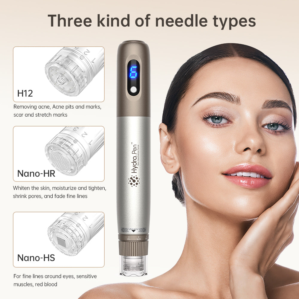 HydraPen H3 mit drei verschiedenen Nadeltypen – H12 für Narben und Akne, Nano-HR für Hauterneuerung und Porenverkleinerung sowie Nano-HS für empfindliche Bereiche um die Augen.