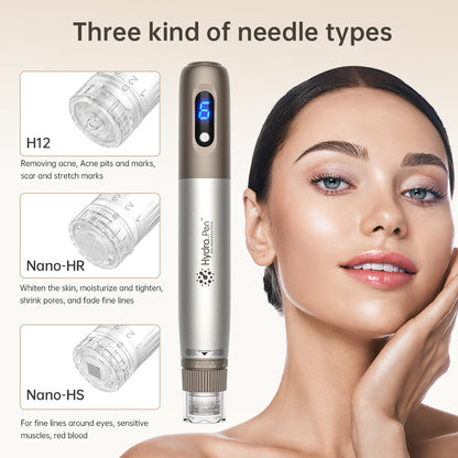 HydraPen H3 mit drei verschiedenen Nadeltypen – H12 für Narben und Akne, Nano-HR für Hauterneuerung und Porenverkleinerung sowie Nano-HS für empfindliche Bereiche um die Augen.