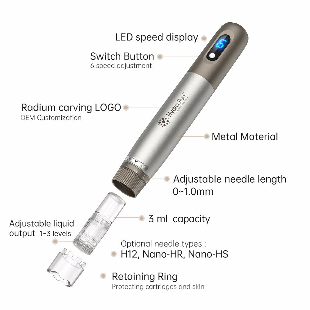HydraPen h3 mit LED-Geschwindigkeitsanzeige, 6 Geschwindigkeiten, einstellbarer Nadeltiefe 0–1,0 mm, 3 ml Flüssigkeitsbehälter, einstellbarem Flüssigkeitsaustritt und kompatiblen Nadeltypen H12, Nano-HR und Nano-HS.