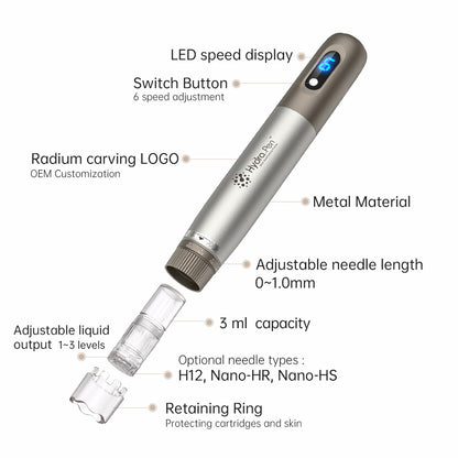 HydraPen h3 mit LED-Geschwindigkeitsanzeige, 6 Geschwindigkeiten, einstellbarer Nadeltiefe 0–1,0 mm, 3 ml Flüssigkeitsbehälter, einstellbarem Flüssigkeitsaustritt und kompatiblen Nadeltypen H12, Nano-HR und Nano-HS.