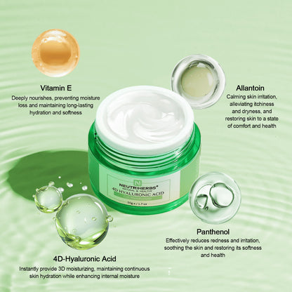 Neutriherbs 4D Hyaluronic Acid Gel Moisturizer 50 g mit Illustration aktiver Inhaltsstoffe. Die Creme enthält 4D-Hyaluronsäure für langanhaltende Feuchtigkeit sowie Vitamin E, Panthenol und Allantoin, die helfen, die Haut mit Feuchtigkeit zu versorgen, zu beruhigen und die Schutzbarriere der Haut zu stärken.