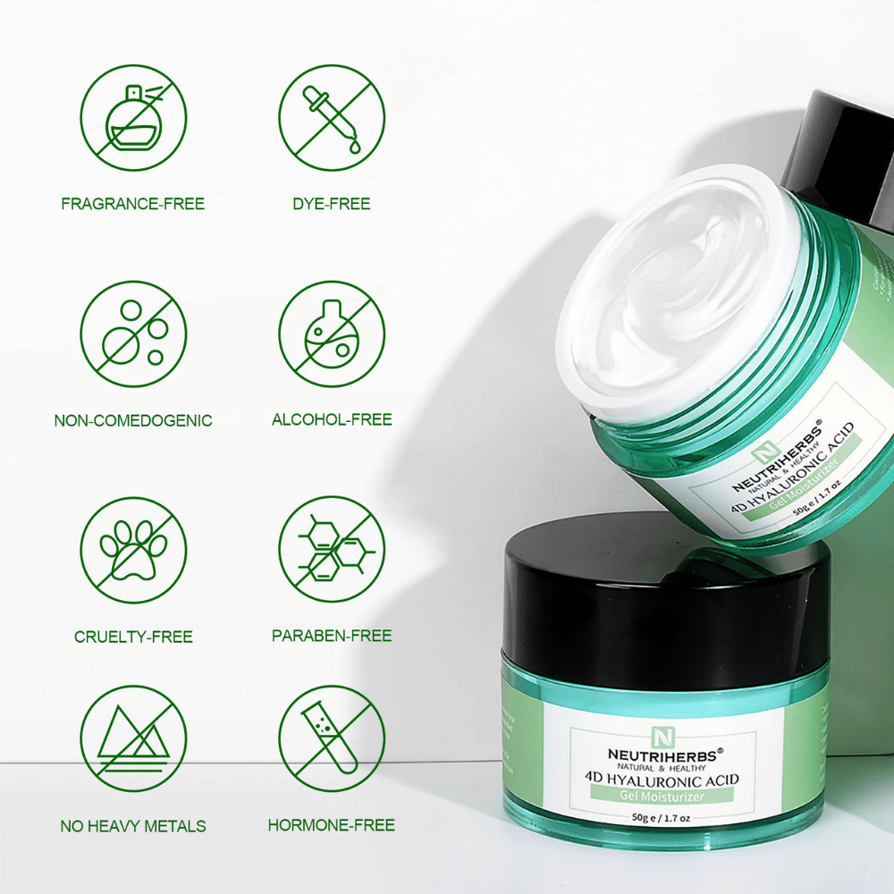Neutriherbs 4D Hyaluronic Acid Gel Moisturizer 50 g mit Illustration der Produkteigenschaften. Die Gelcreme ist parfümfrei, alkoholfrei, farbstofffrei, nicht komedogen, parabenfrei und cruelty-free sowie frei von Schwermetallen und Hormonen, was sie sanft für alle Hauttypen macht, auch für empfindliche Haut.