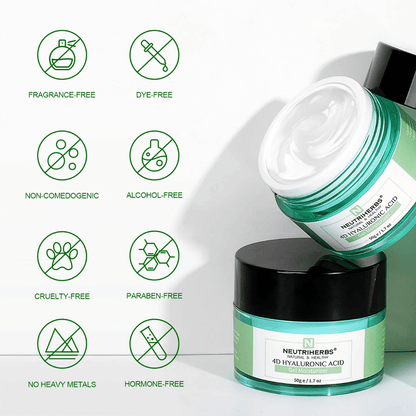 Neutriherbs 4D Hyaluronic Acid Gel Moisturizer 50 g mit Illustration der Produkteigenschaften. Die Gelcreme ist parfümfrei, alkoholfrei, farbstofffrei, nicht komedogen, parabenfrei und cruelty-free sowie frei von Schwermetallen und Hormonen, was sie sanft für alle Hauttypen macht, auch für empfindliche Haut.