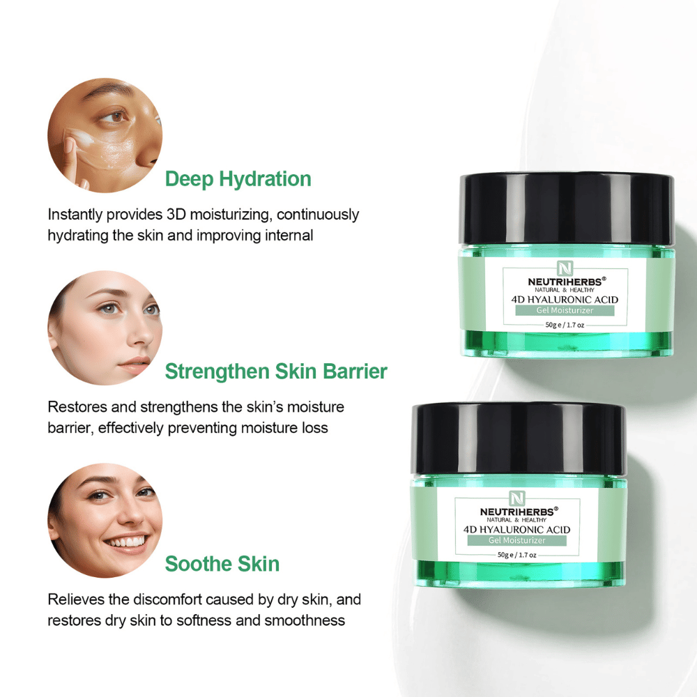 Neutriherbs 4D Hyaluronic Acid Gel Moisturizer 50 g mit Illustration der wichtigsten Vorteile des Produkts. Die Gelcreme spendet intensive Feuchtigkeit, hilft, die Schutzbarriere der Haut zu stärken, und beruhigt trockene und empfindliche Haut für ein weicheres und geschmeidigeres Hautgefühl.