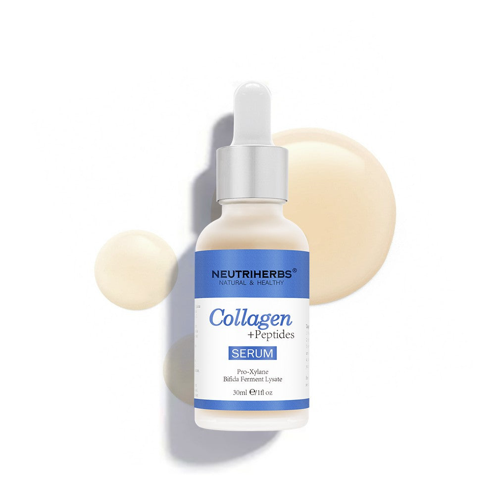 Neutriherbs Collagen + Peptides Serum 30 ml vor weißem Hintergrund mit dekorativen Kollagenblasen. Feuchtigkeitsspendendes und straffendes Gesichtsserum, das hilft, die Elastizität der Haut zu verbessern und sichtbare feine Linien zu mindern.