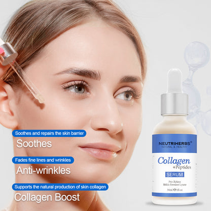 Frau trägt Neutriherbs Collagen + Peptides Serum 30 ml mit einer Pipette auf das Gesicht auf. Feuchtigkeitsspendendes Serum, das hilft, die Hautbarriere zu stärken, die Elastizität der Haut zu verbessern und sichtbare feine Linien und Falten zu mindern.