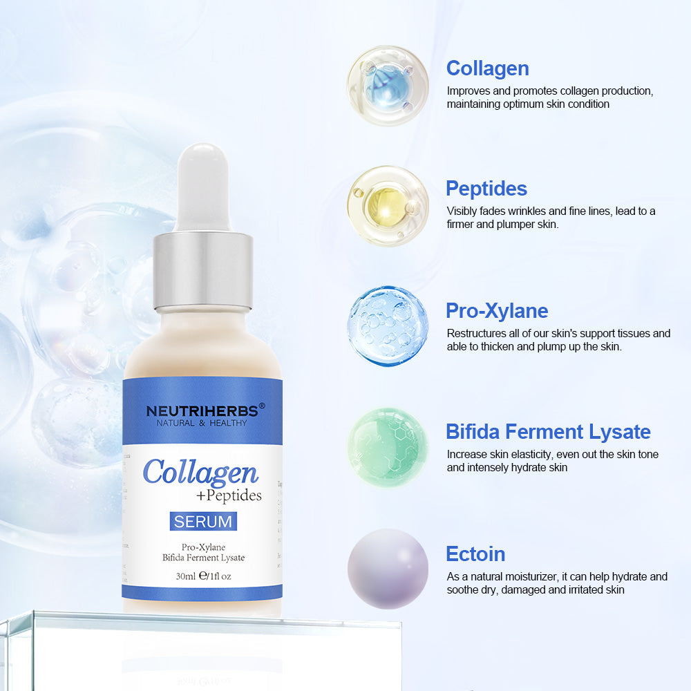 Illustration der Schlüsselwirkstoffe in Neutriherbs Collagen + Peptides Serum 30 ml. Zeigt Kollagen, Peptide, Pro-Xylane, Bifida Ferment Lysate und Ectoin – Inhaltsstoffe, die helfen, die Haut mit Feuchtigkeit zu versorgen, die Elastizität zu verbessern und sichtbare feine Linien zu mindern.