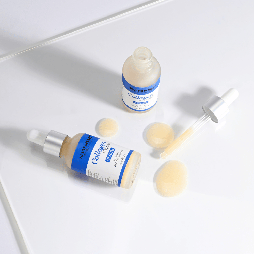 Neutriherbs Collagen + Peptides Serum 30 ml mit geöffneter Flasche, Pipette und Serumtextur. Nahaufnahme, die die seidige Konsistenz und den praktischen Pipettenapplikator für eine genaue Dosierung zeigt.