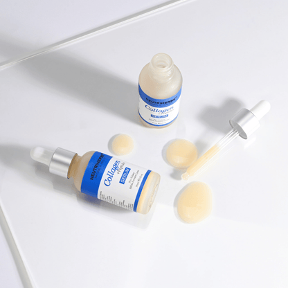 Neutriherbs Collagen + Peptides Serum 30 ml mit geöffneter Flasche, Pipette und Serumtextur. Nahaufnahme, die die seidige Konsistenz und den praktischen Pipettenapplikator für eine genaue Dosierung zeigt.