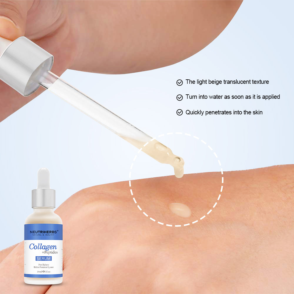 Nahaufnahme von Neutriherbs Collagen + Peptides Serum 30 ml, das mit einer Pipette auf die Haut aufgetragen wird. Das Bild zeigt die leichte, schnell einziehende Konsistenz des Serums, die die Haut mit Feuchtigkeit versorgt, ohne sich klebrig anzufühlen.