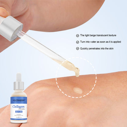 Nahaufnahme von Neutriherbs Collagen + Peptides Serum 30 ml, das mit einer Pipette auf die Haut aufgetragen wird. Das Bild zeigt die leichte, schnell einziehende Konsistenz des Serums, die die Haut mit Feuchtigkeit versorgt, ohne sich klebrig anzufühlen.