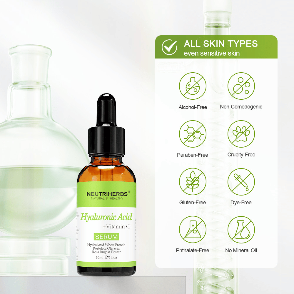 Neutriherbs Hyaluronic Acid + Vitamin C Serum 30 ml für alle Hauttypen, auch empfindliche Haut. Feuchtigkeitsspendendes Gesichtsserum ohne Alkohol, Parabene, Mineralöl oder Farbstoffe, das die Hautbarriere stärkt und der Haut Ausstrahlung verleiht.