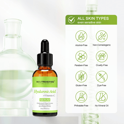 Neutriherbs Hyaluronic Acid + Vitamin C Serum 30 ml für alle Hauttypen, auch empfindliche Haut. Feuchtigkeitsspendendes Gesichtsserum ohne Alkohol, Parabene, Mineralöl oder Farbstoffe, das die Hautbarriere stärkt und der Haut Ausstrahlung verleiht.