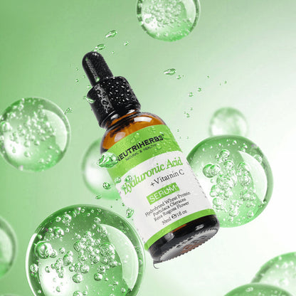 Neutriherbs Hyaluronic Acid + Vitamin C Serum 30 ml mit Hyaluronsäure und Vitamin C. Feuchtigkeitsspendendes Gesichtsserum, das intensive Feuchtigkeit spendet, die Ausstrahlung der Haut verbessert und hilft, feine Linien zu reduzieren, für eine weiche und frische Haut.