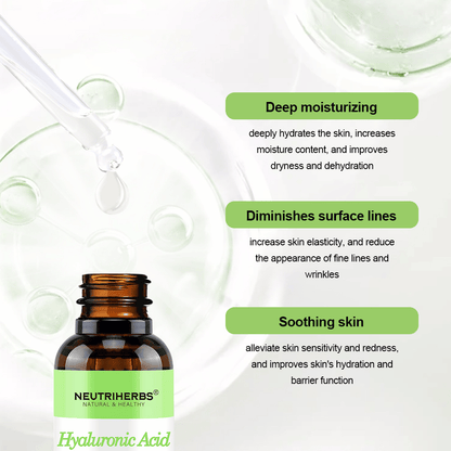 Neutriherbs Hyaluronic Acid + Vitamin C Serum 30 ml. Feuchtigkeitsspendendes Gesichtsserum mit Hyaluronsäure und Vitamin C, das intensive Feuchtigkeit spendet, empfindliche Haut beruhigt, die Hautbarriere stärkt und hilft, feine Linien und Falten zu reduzieren.