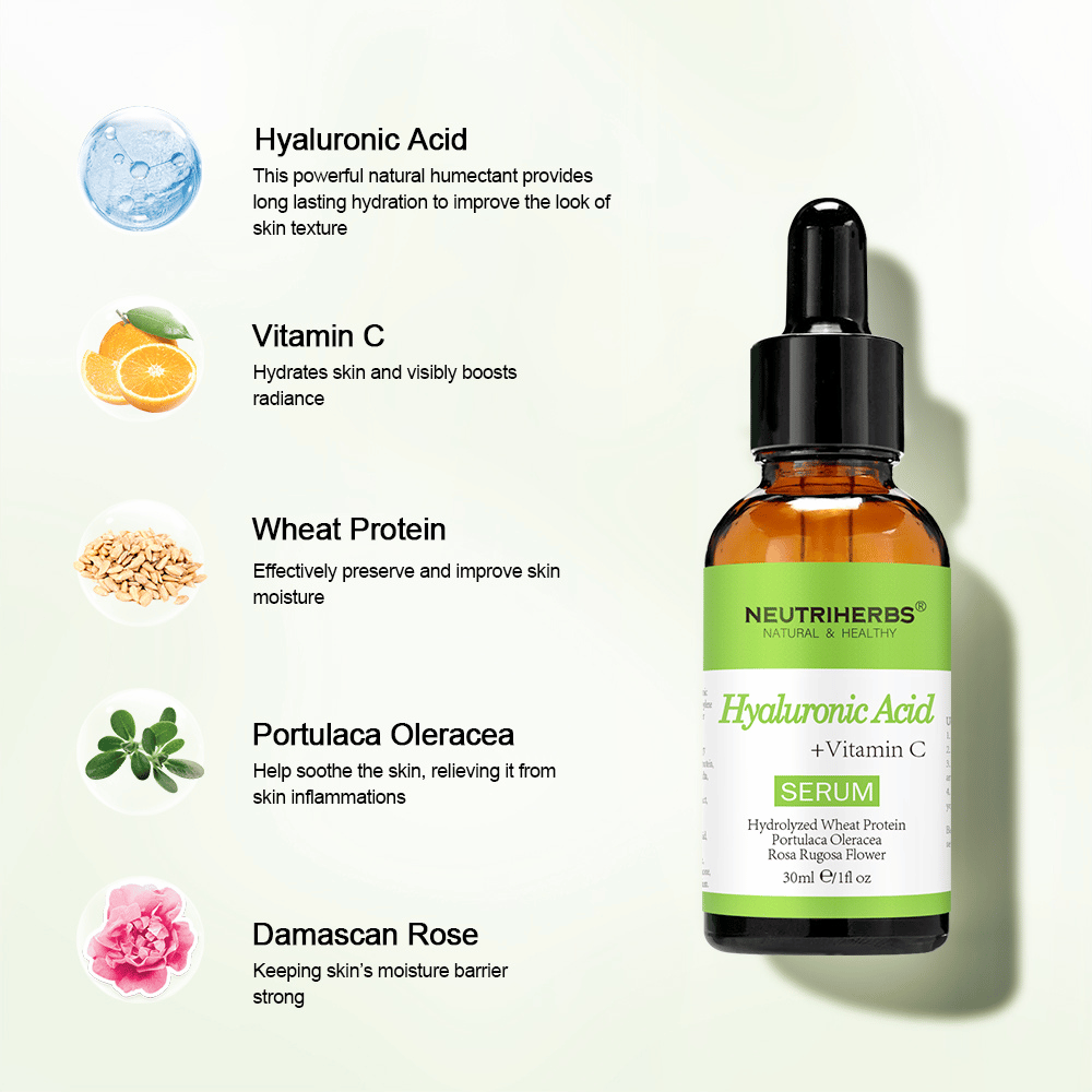 Neutriherbs Hyaluronic Acid + Vitamin C Serum 30 ml mit Hyaluronsäure, Vitamin C, hydrolysiertem Weizenprotein, Portulaca Oleracea und Damaszenerrose. Feuchtigkeitsspendendes Gesichtsserum, das die Hautbarriere stärkt, die Haut beruhigt und für mehr Ausstrahlung sorgt.