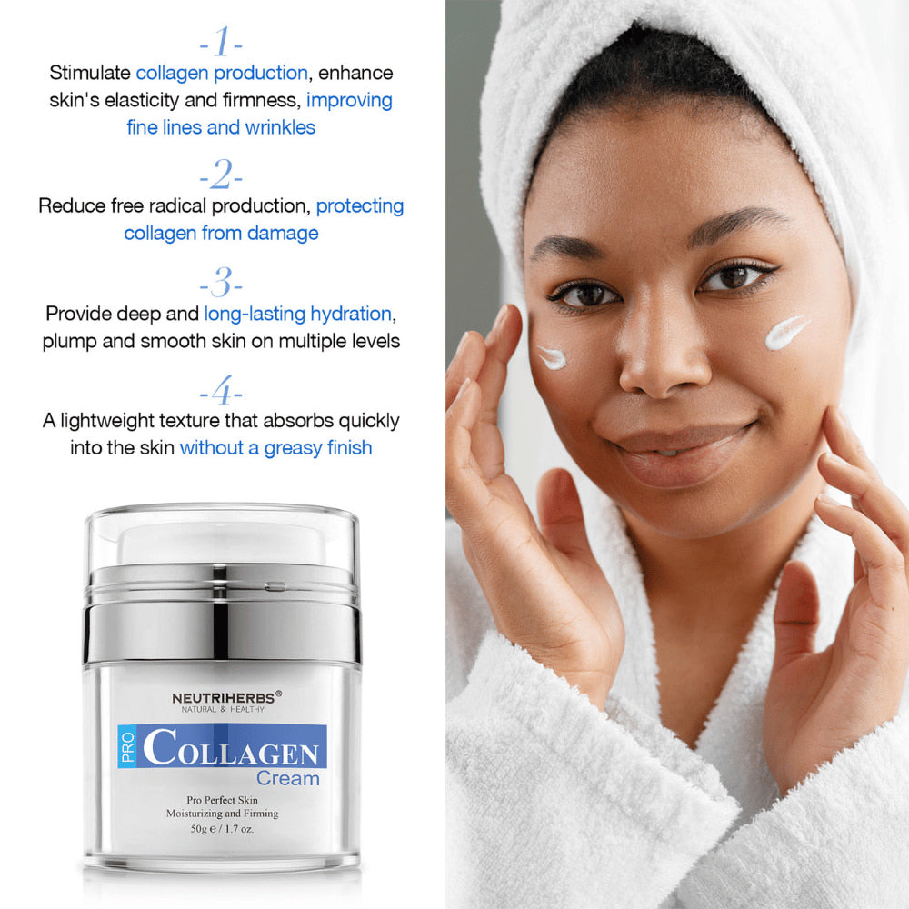 Neutriherbs Pro Collagen Cream 50 g feuchtigkeitsspendende Gesichtscreme mit Kollagen. Bild, das die auf die Haut aufgetragene Creme zeigt und die Eigenschaften des Produkts hervorhebt: stimuliert die Kollagenproduktion, trägt zu festerer Haut bei, spendet langanhaltende Feuchtigkeit und zieht schnell ein, ohne sich fettig anzufühlen.