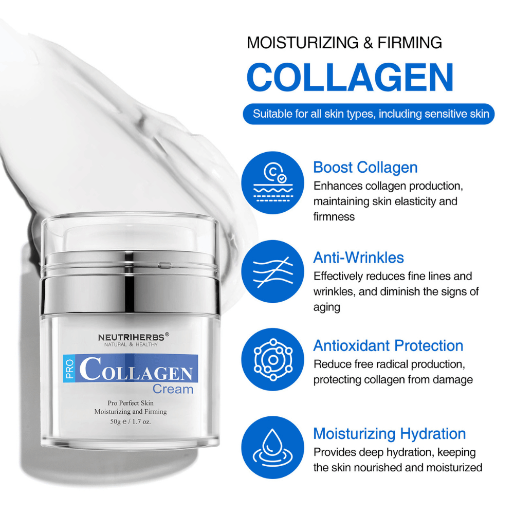 Neutriherbs Pro Collagen Cream 50 g feuchtigkeitsspendende Gesichtscreme mit Kollagen. Informationsbild, das die wichtigsten Vorteile des Produkts beschreibt: stimuliert die Kollagenproduktion, trägt zu festerer Haut bei, wirkt feinen Linien und Falten entgegen, bietet antioxidativen Schutz und versorgt die Haut intensiv mit Feuchtigkeit. Für alle Hauttypen geeignet, auch für empfindliche Haut.