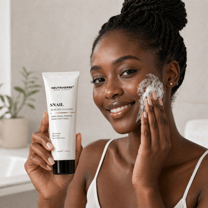 Frau verwendet Neutriherbs Snail All In One Cleanser mit reichhaltigem Reinigungsschaum für eine sanfte Gesichtsreinigung. Feuchtigkeitsspendende Gesichtsreinigung, die die Haut effektiv reinigt, ohne sie auszutrocknen, und für alle Hauttypen geeignet ist.
