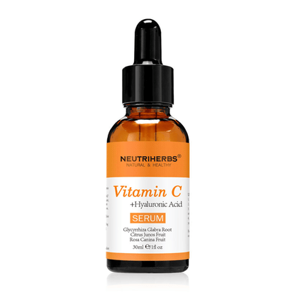 Neutriherbs Vitamin C + Hyaluronic Acid Serum 30 ml vor weißem Hintergrund. Gesichtsserum mit Vitamin C und Hyaluronsäure, das die Haut mit Feuchtigkeit versorgt, für mehr Ausstrahlung sorgt und zu einem gleichmäßigeren Hautton beiträgt.
